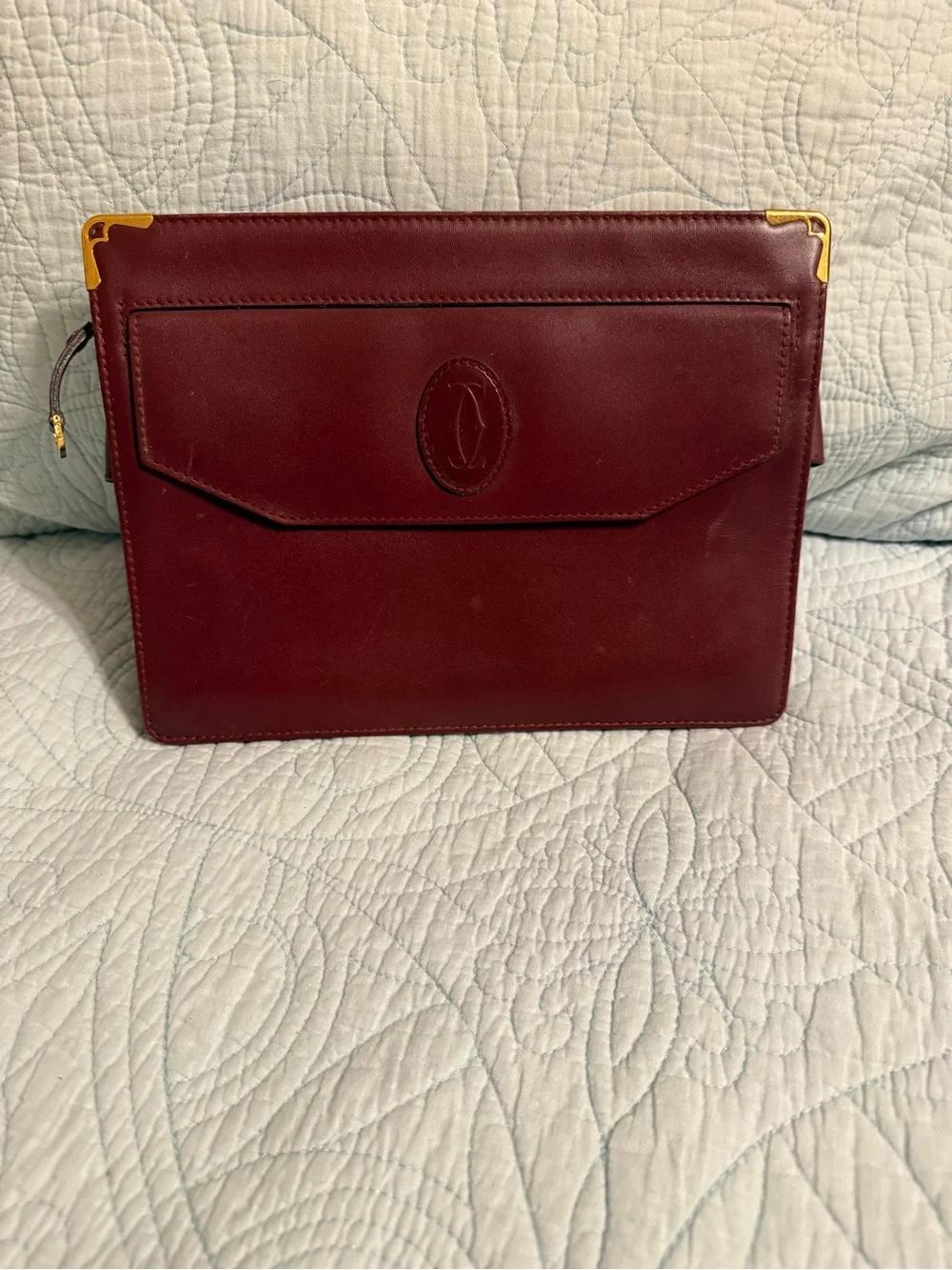 Vintage Cartier Burgundy Leather Clutch with Gold Corner Accents